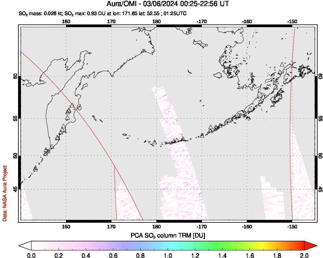 A sulfur dioxide image over North Pacific on Mar 06, 2024.