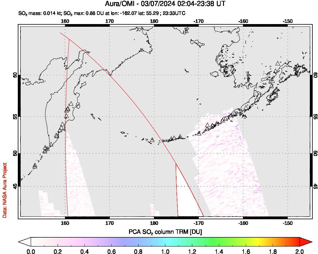 A sulfur dioxide image over North Pacific on Mar 07, 2024.