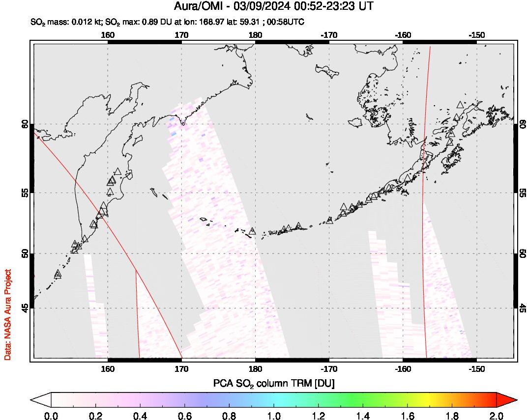 A sulfur dioxide image over North Pacific on Mar 09, 2024.