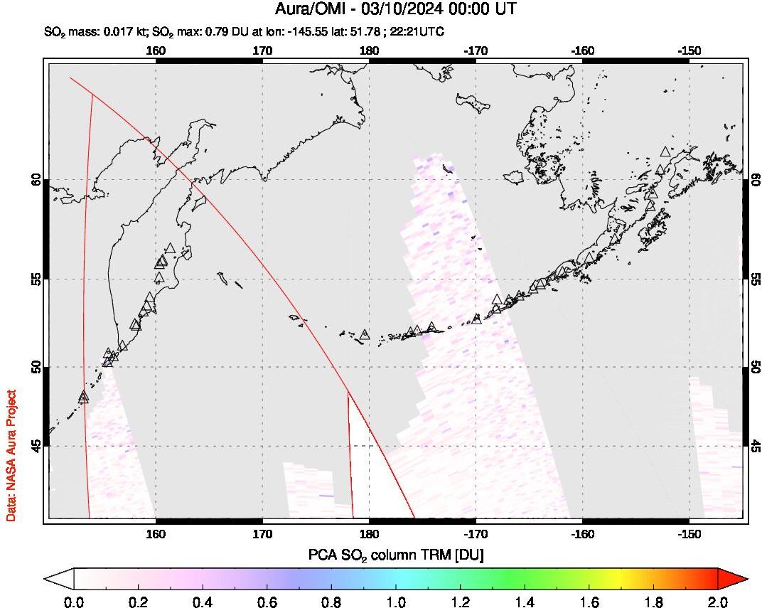 A sulfur dioxide image over North Pacific on Mar 10, 2024.