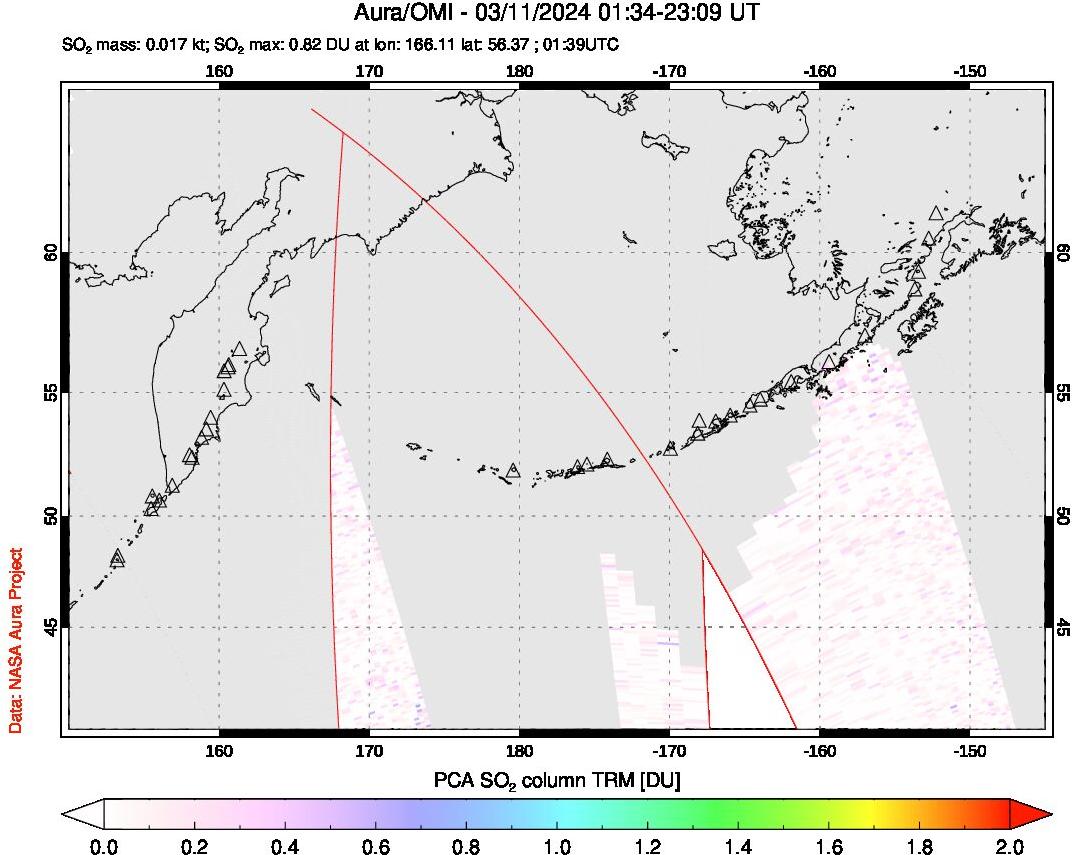 A sulfur dioxide image over North Pacific on Mar 11, 2024.