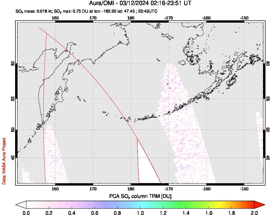 A sulfur dioxide image over North Pacific on Mar 12, 2024.