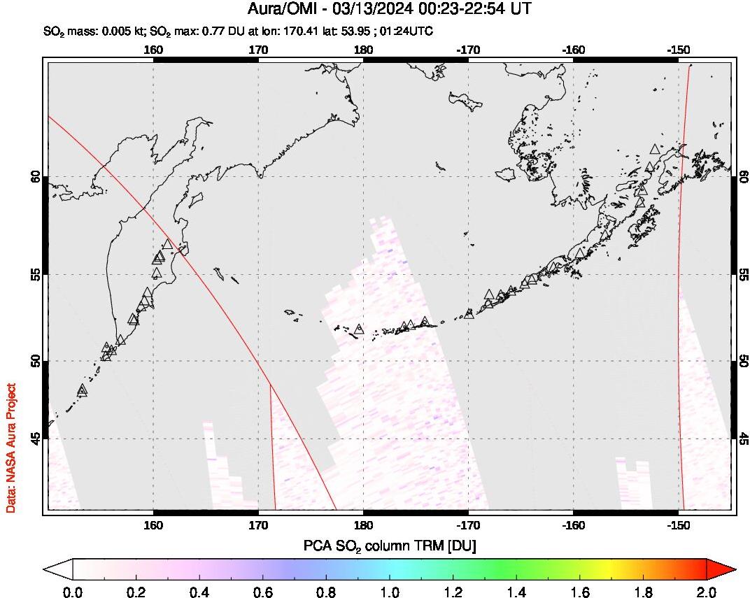 A sulfur dioxide image over North Pacific on Mar 13, 2024.