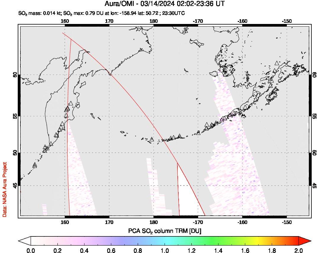 A sulfur dioxide image over North Pacific on Mar 14, 2024.