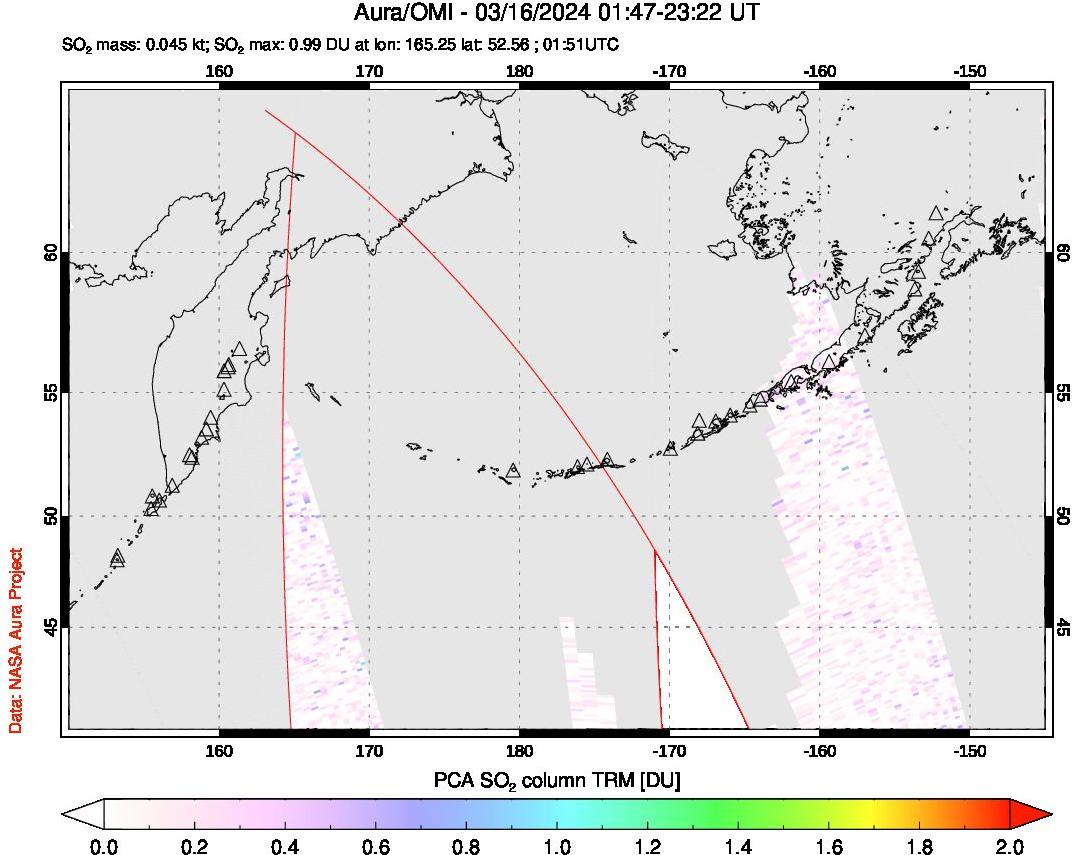 A sulfur dioxide image over North Pacific on Mar 16, 2024.