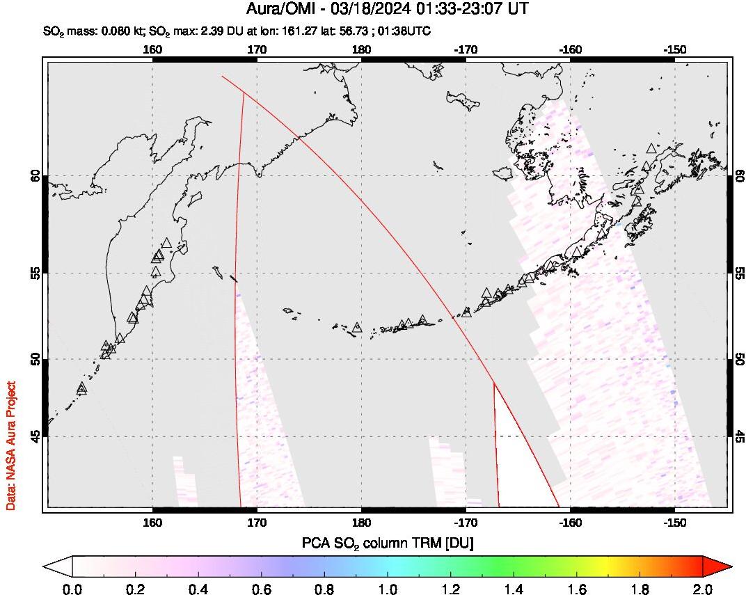 A sulfur dioxide image over North Pacific on Mar 18, 2024.