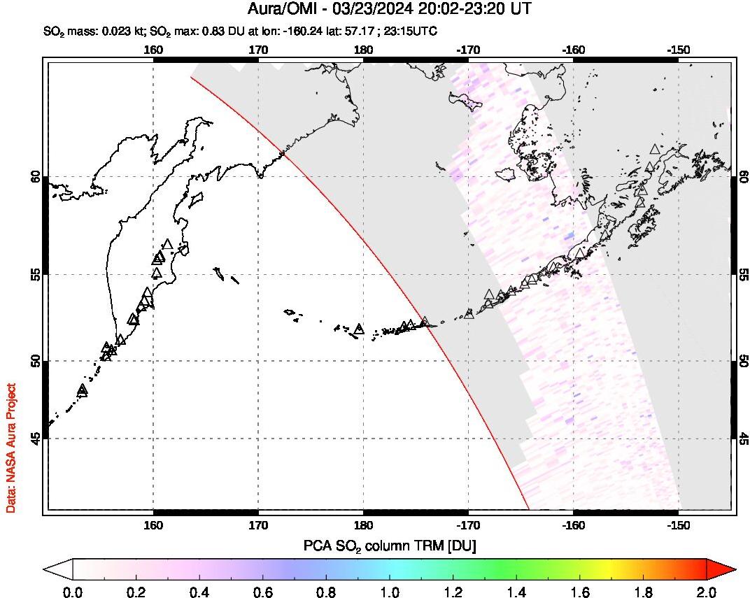 A sulfur dioxide image over North Pacific on Mar 23, 2024.