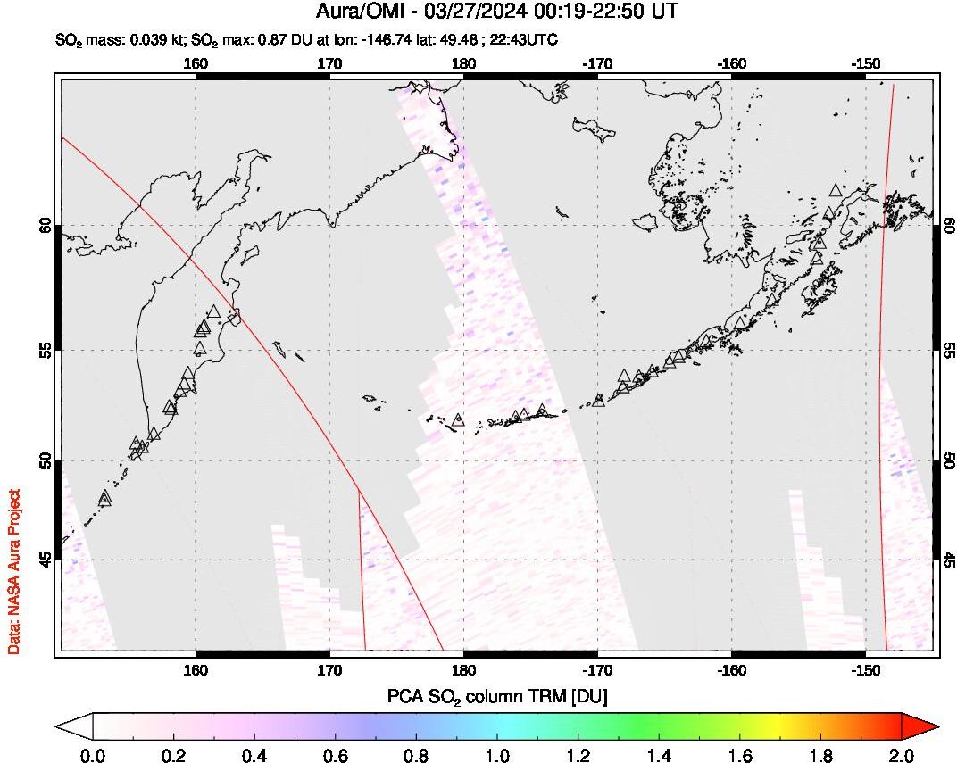 A sulfur dioxide image over North Pacific on Mar 27, 2024.