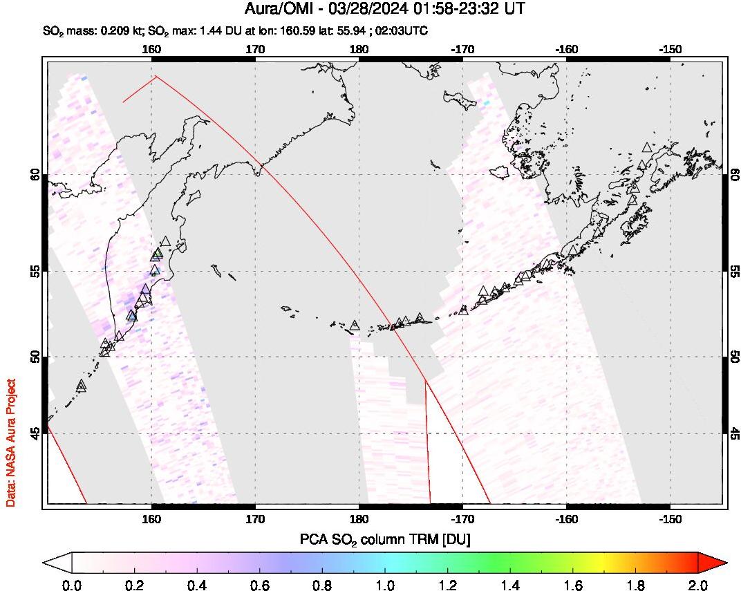 A sulfur dioxide image over North Pacific on Mar 28, 2024.