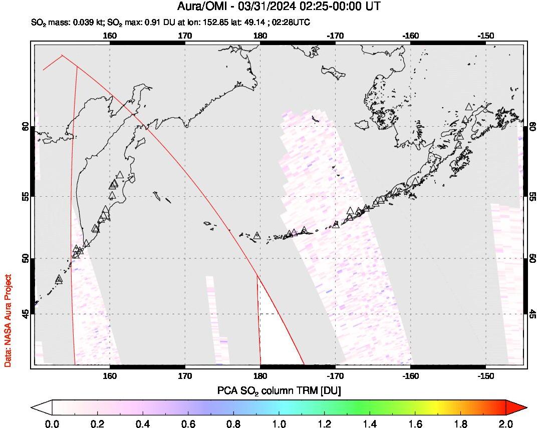 A sulfur dioxide image over North Pacific on Mar 31, 2024.