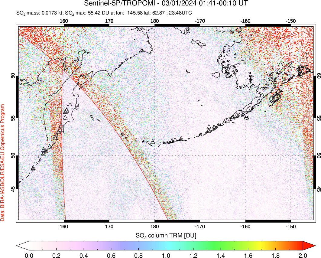 A sulfur dioxide image over North Pacific on Mar 01, 2024.