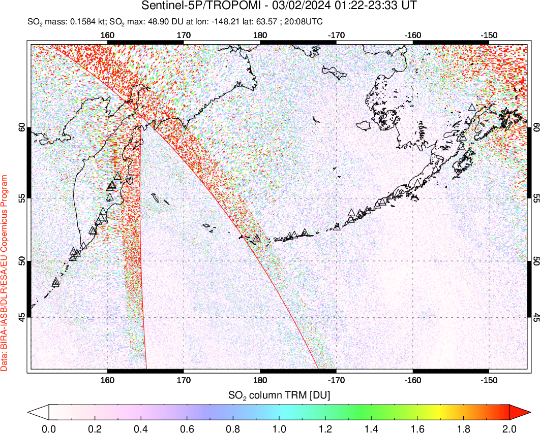 A sulfur dioxide image over North Pacific on Mar 02, 2024.