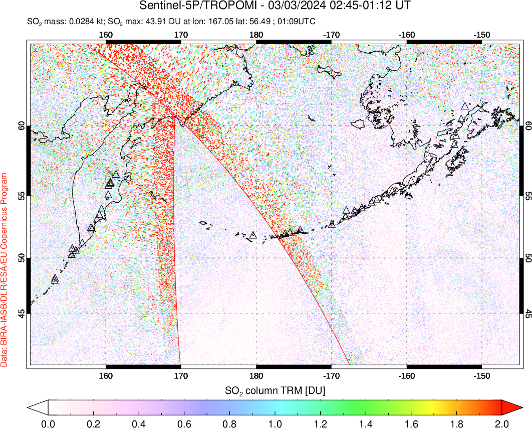 A sulfur dioxide image over North Pacific on Mar 03, 2024.