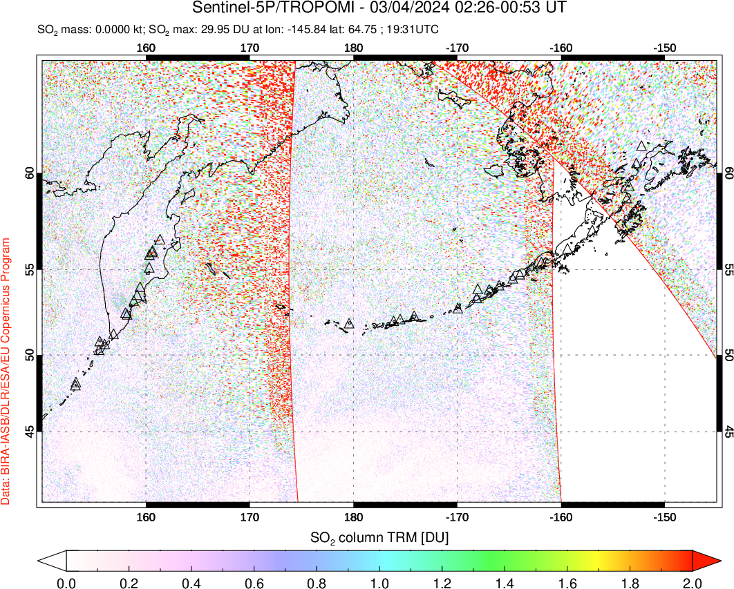 A sulfur dioxide image over North Pacific on Mar 04, 2024.