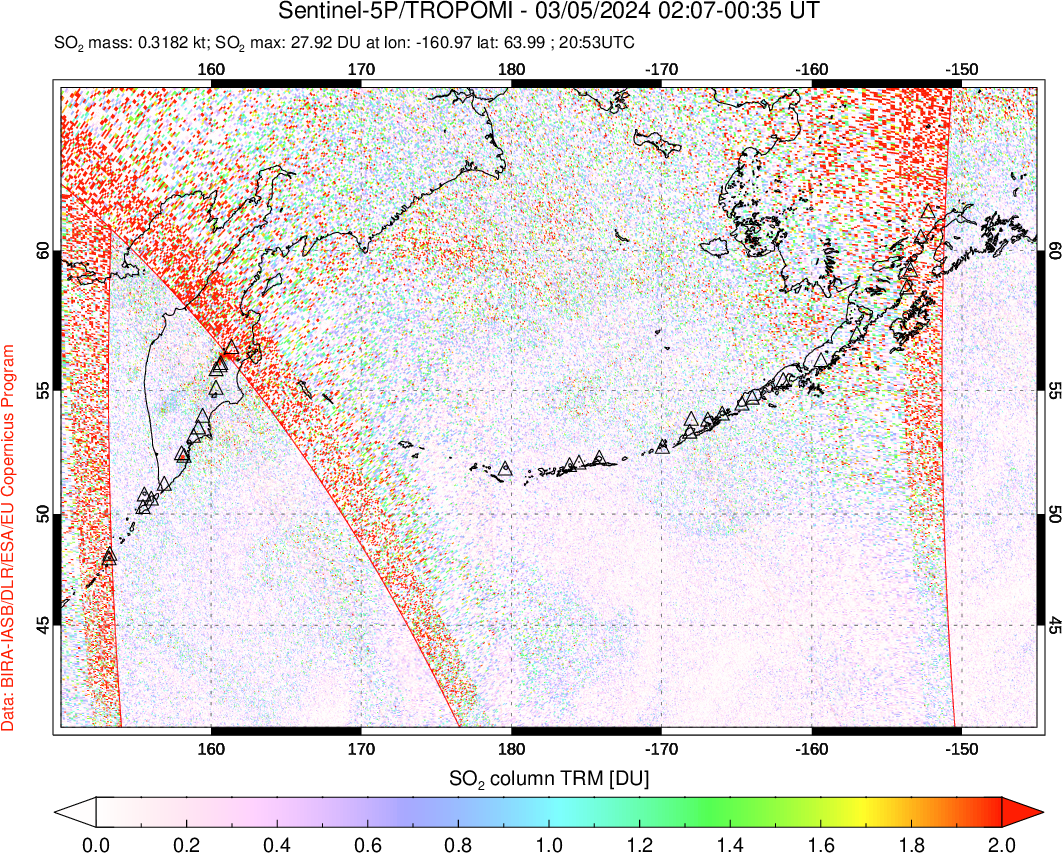 A sulfur dioxide image over North Pacific on Mar 05, 2024.