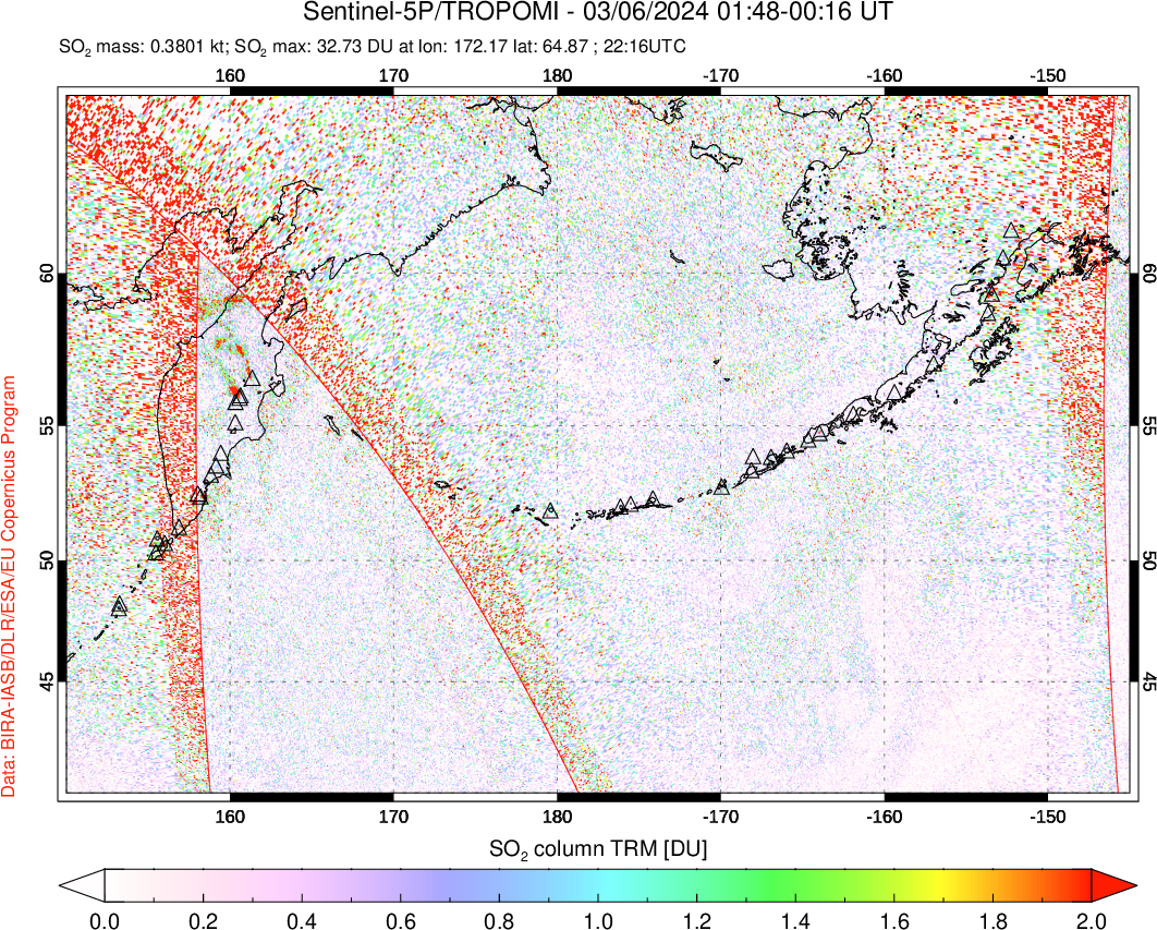 A sulfur dioxide image over North Pacific on Mar 06, 2024.