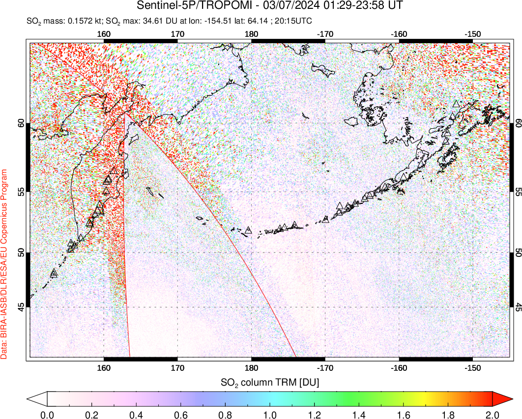 A sulfur dioxide image over North Pacific on Mar 07, 2024.