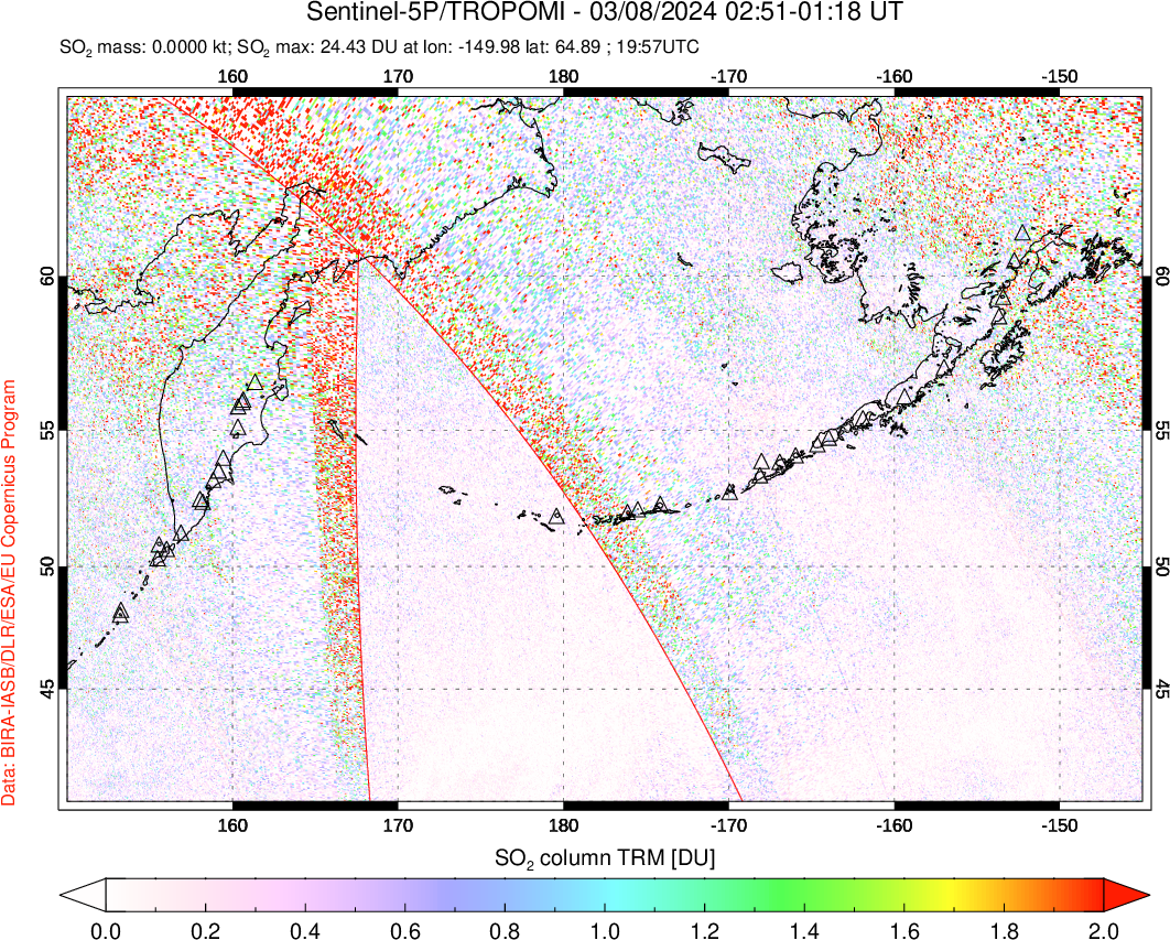 A sulfur dioxide image over North Pacific on Mar 08, 2024.