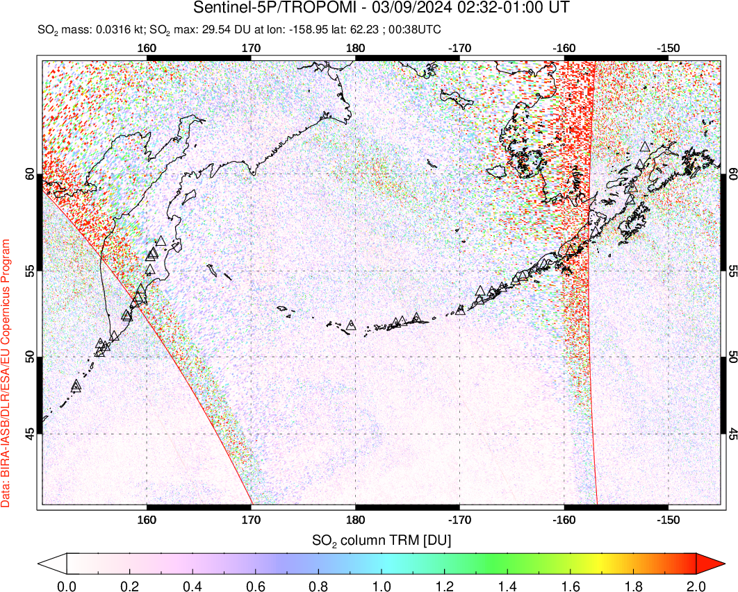 A sulfur dioxide image over North Pacific on Mar 09, 2024.