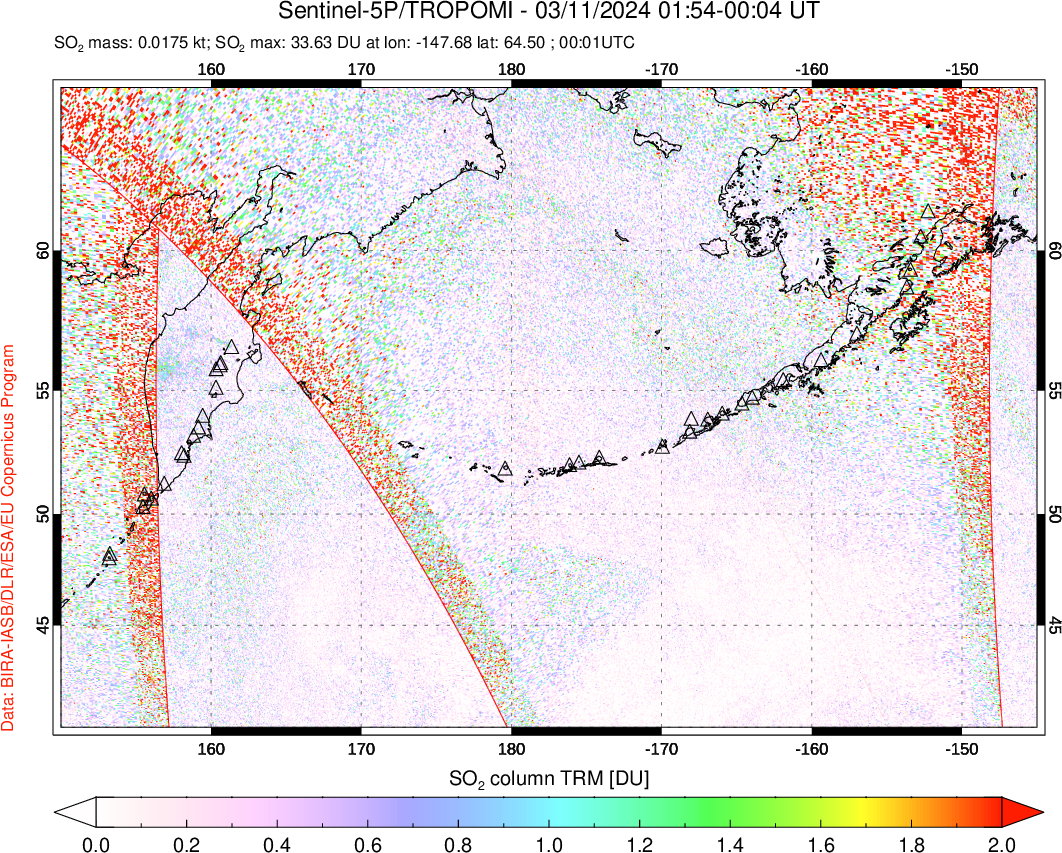 A sulfur dioxide image over North Pacific on Mar 11, 2024.