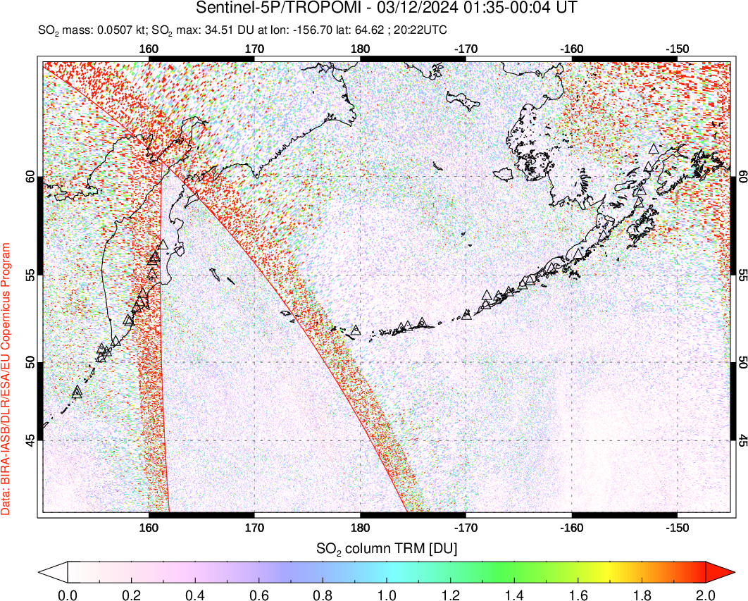 A sulfur dioxide image over North Pacific on Mar 12, 2024.