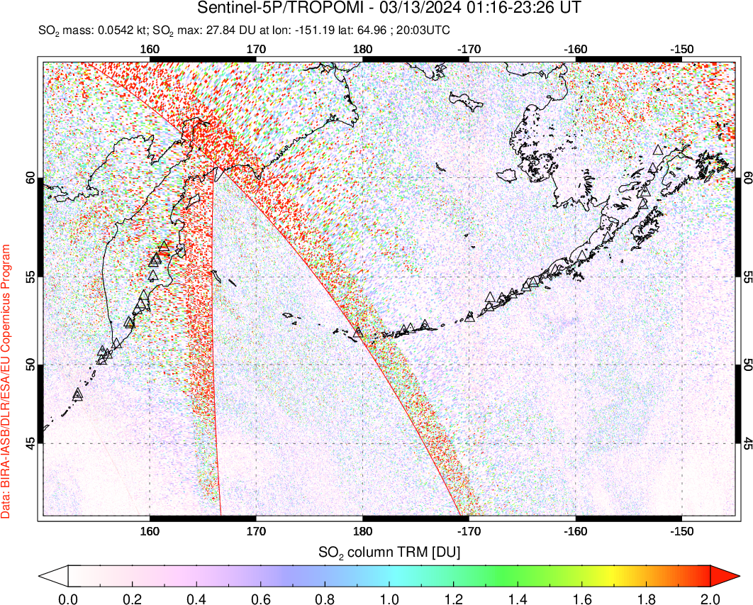 A sulfur dioxide image over North Pacific on Mar 13, 2024.