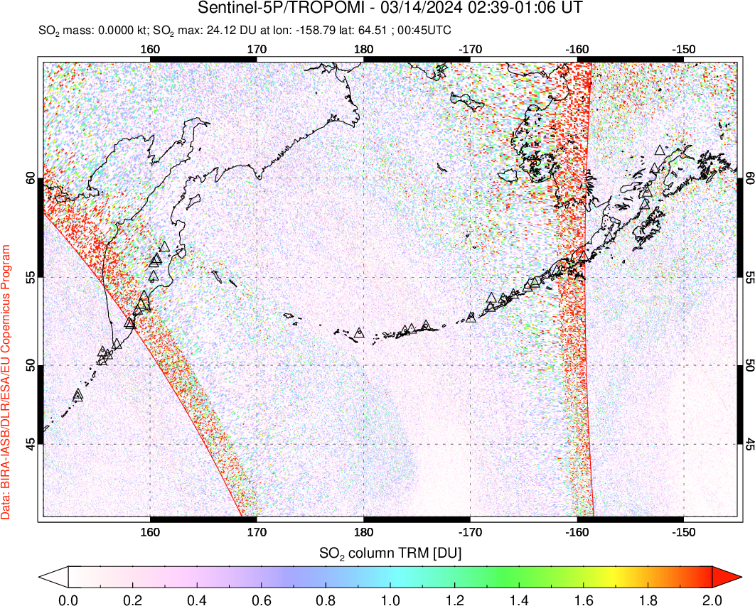 A sulfur dioxide image over North Pacific on Mar 14, 2024.