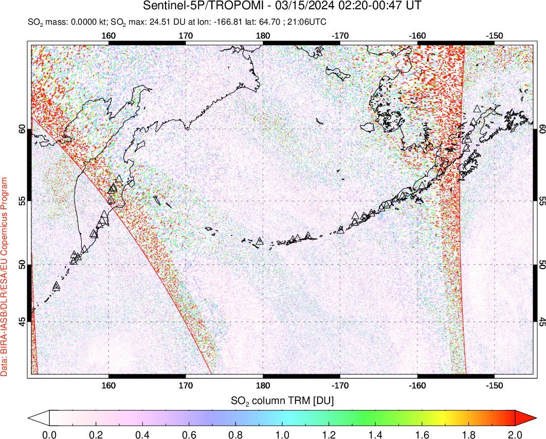 A sulfur dioxide image over North Pacific on Mar 15, 2024.