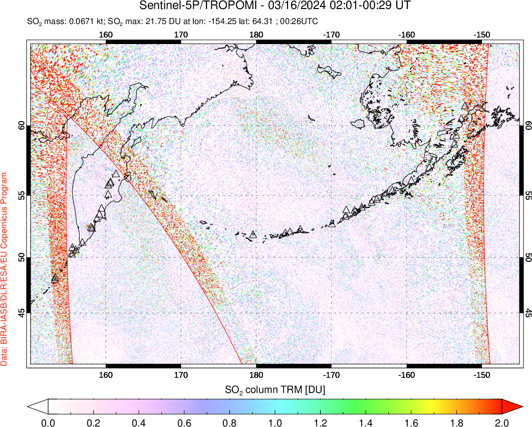 A sulfur dioxide image over North Pacific on Mar 16, 2024.