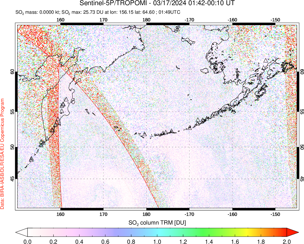 A sulfur dioxide image over North Pacific on Mar 17, 2024.