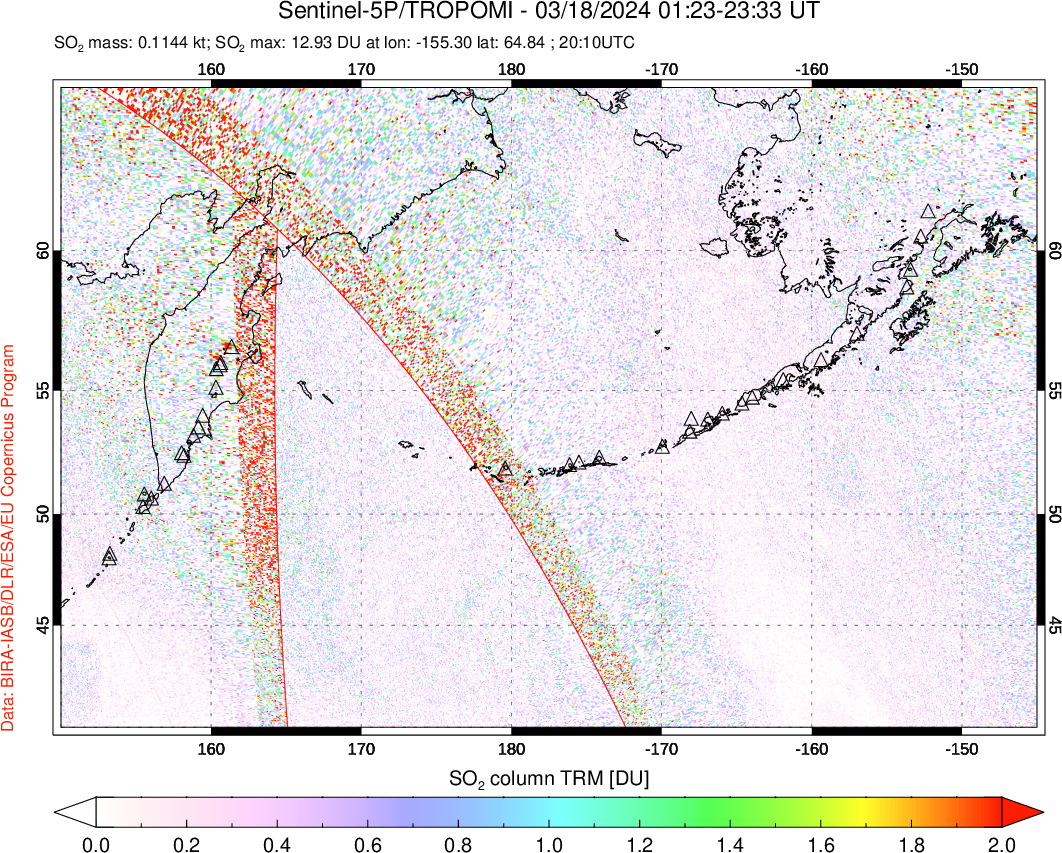 A sulfur dioxide image over North Pacific on Mar 18, 2024.