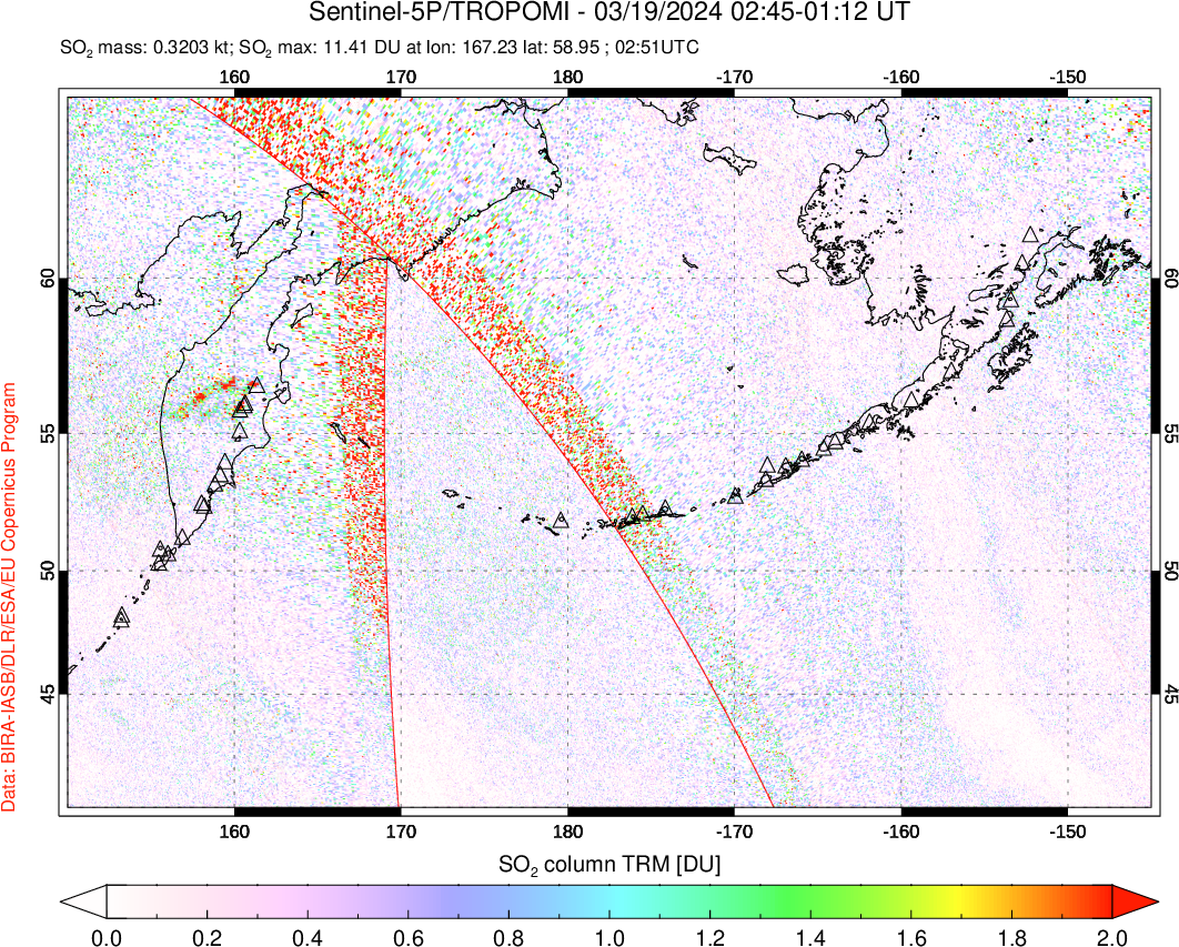 A sulfur dioxide image over North Pacific on Mar 19, 2024.