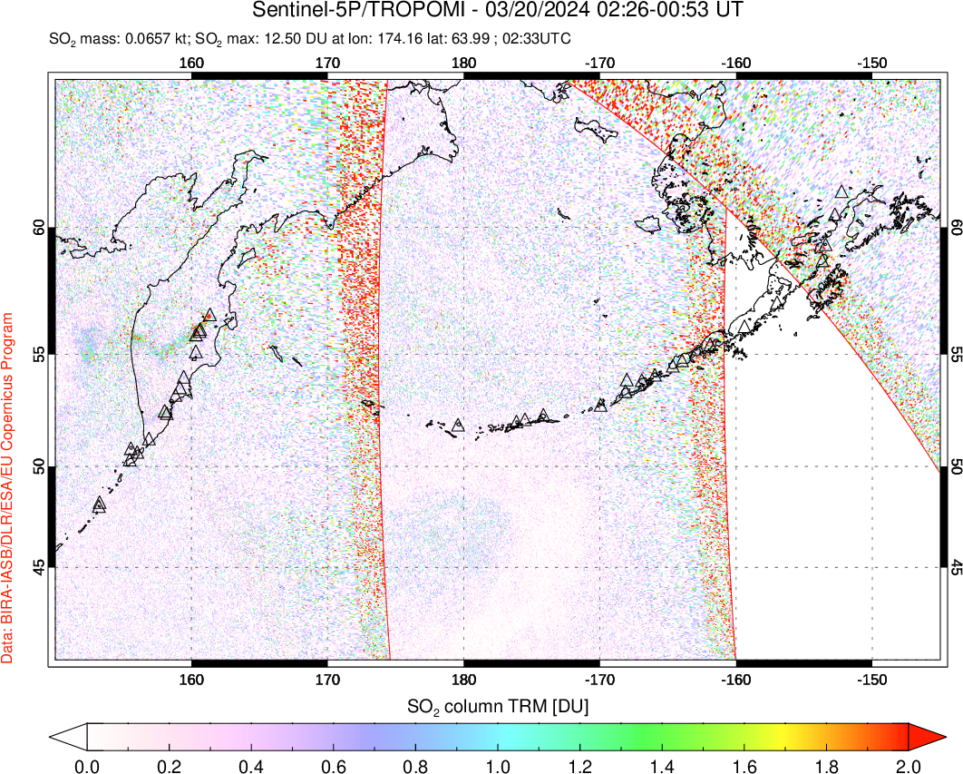 A sulfur dioxide image over North Pacific on Mar 20, 2024.