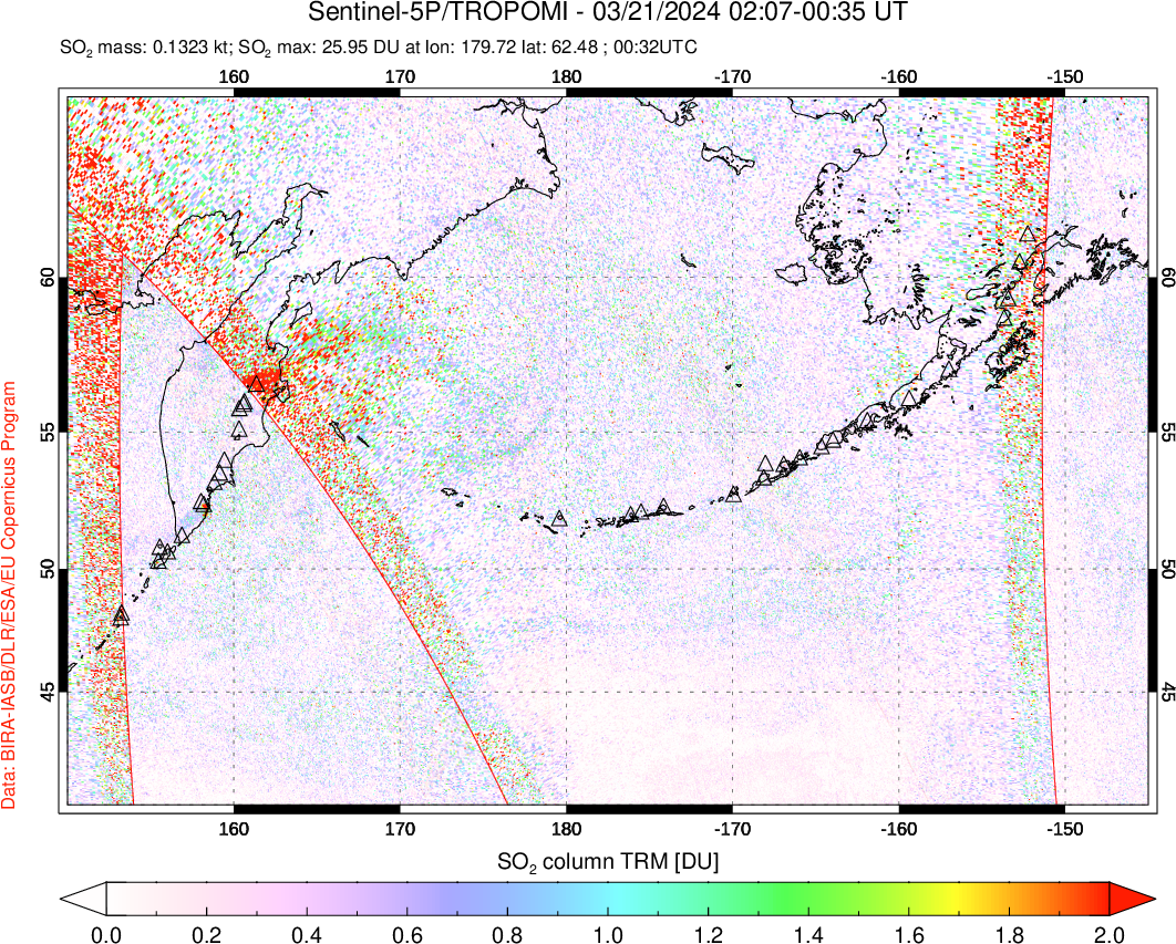 A sulfur dioxide image over North Pacific on Mar 21, 2024.