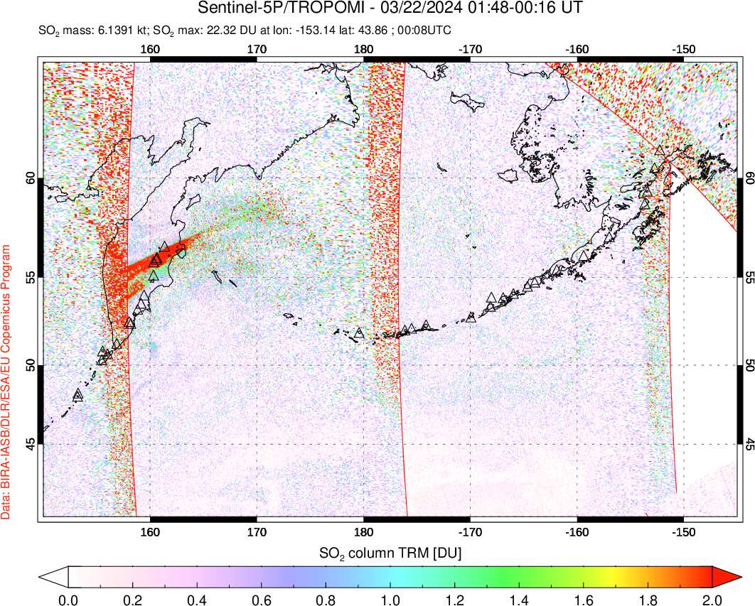 A sulfur dioxide image over North Pacific on Mar 22, 2024.