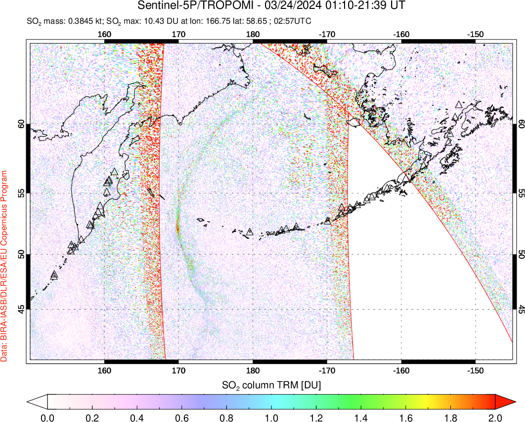 A sulfur dioxide image over North Pacific on Mar 24, 2024.