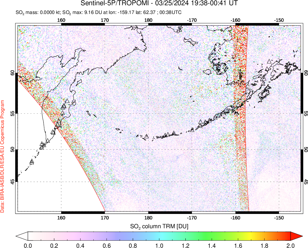 A sulfur dioxide image over North Pacific on Mar 25, 2024.