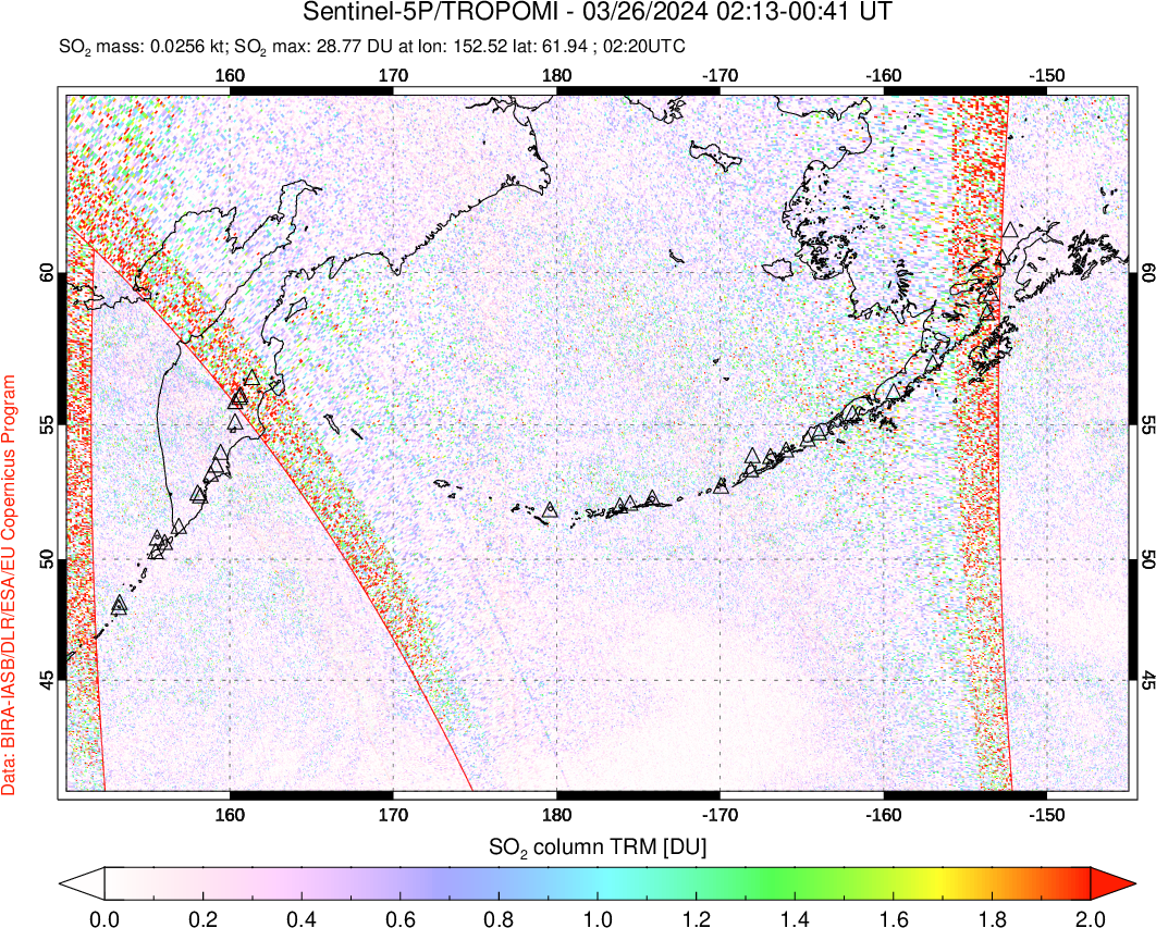 A sulfur dioxide image over North Pacific on Mar 26, 2024.