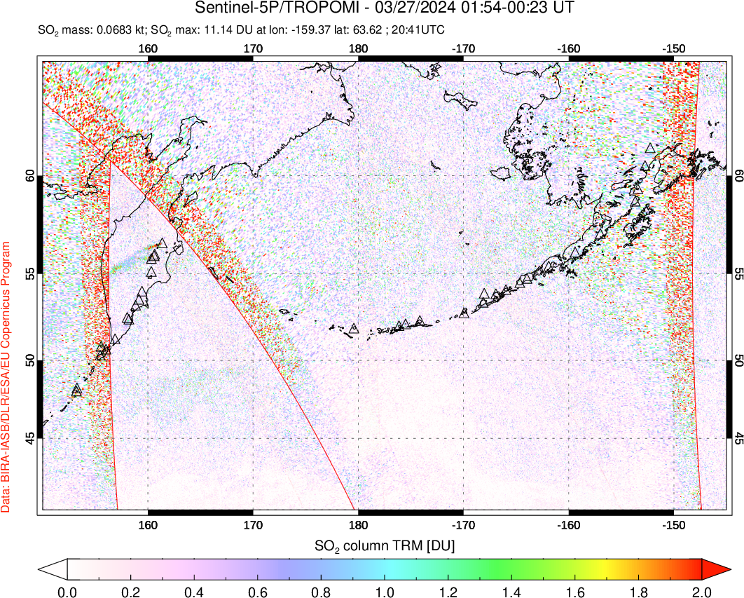 A sulfur dioxide image over North Pacific on Mar 27, 2024.