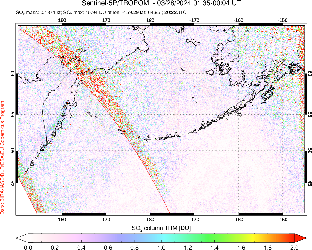 A sulfur dioxide image over North Pacific on Mar 28, 2024.