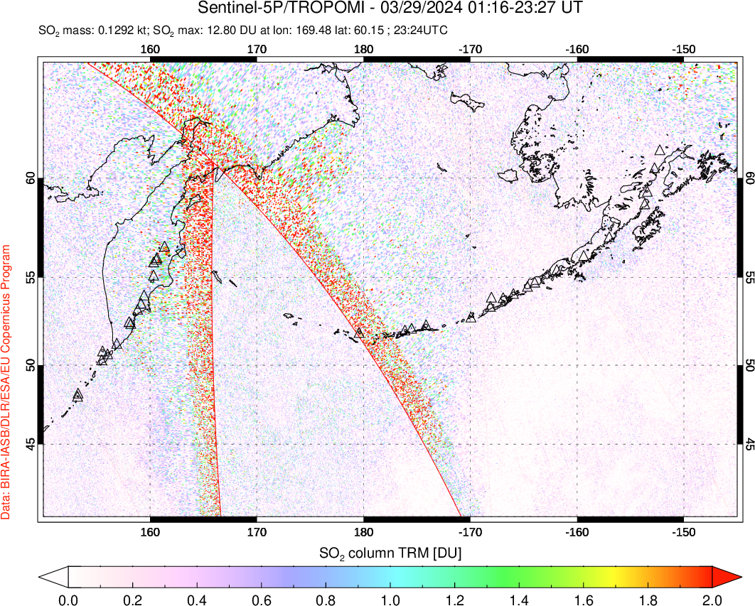 A sulfur dioxide image over North Pacific on Mar 29, 2024.