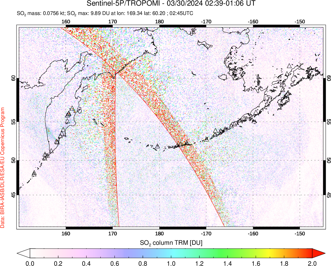 A sulfur dioxide image over North Pacific on Mar 30, 2024.