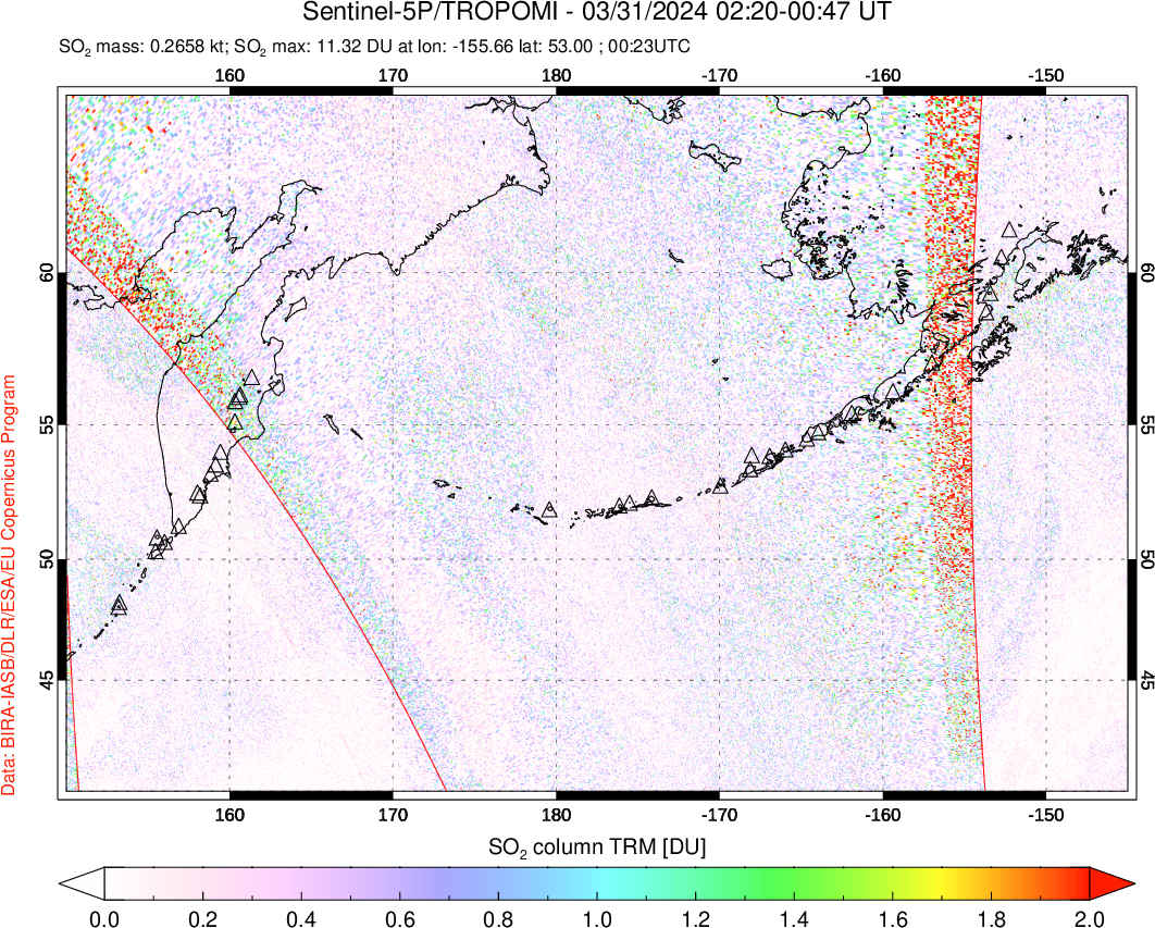 A sulfur dioxide image over North Pacific on Mar 31, 2024.