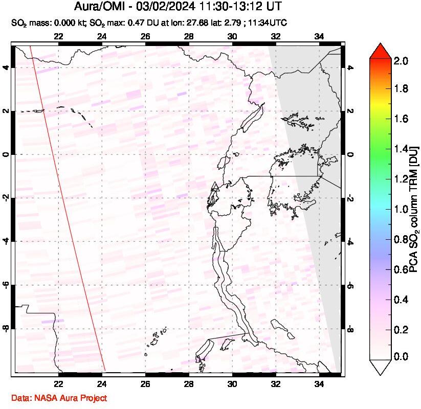 A sulfur dioxide image over Nyiragongo, DR Congo on Mar 02, 2024.