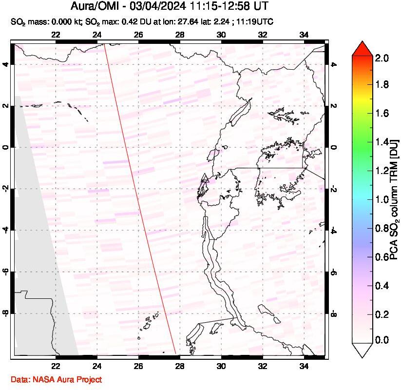 A sulfur dioxide image over Nyiragongo, DR Congo on Mar 04, 2024.