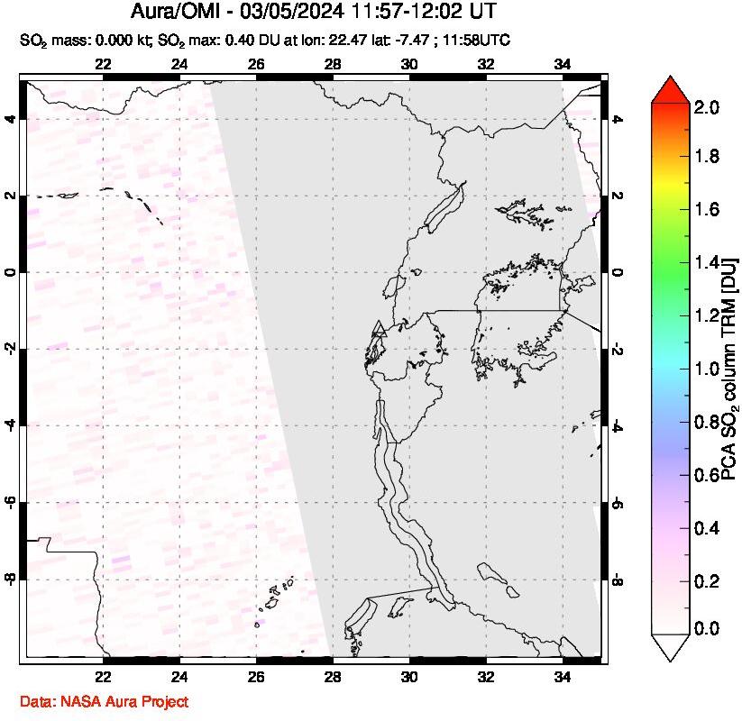 A sulfur dioxide image over Nyiragongo, DR Congo on Mar 05, 2024.