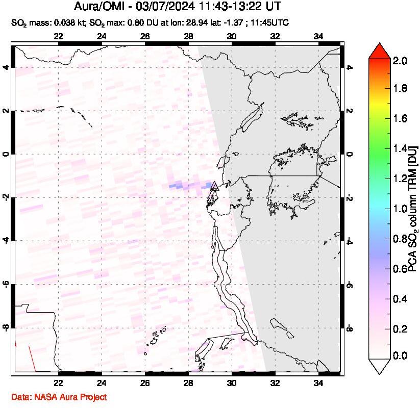 A sulfur dioxide image over Nyiragongo, DR Congo on Mar 07, 2024.