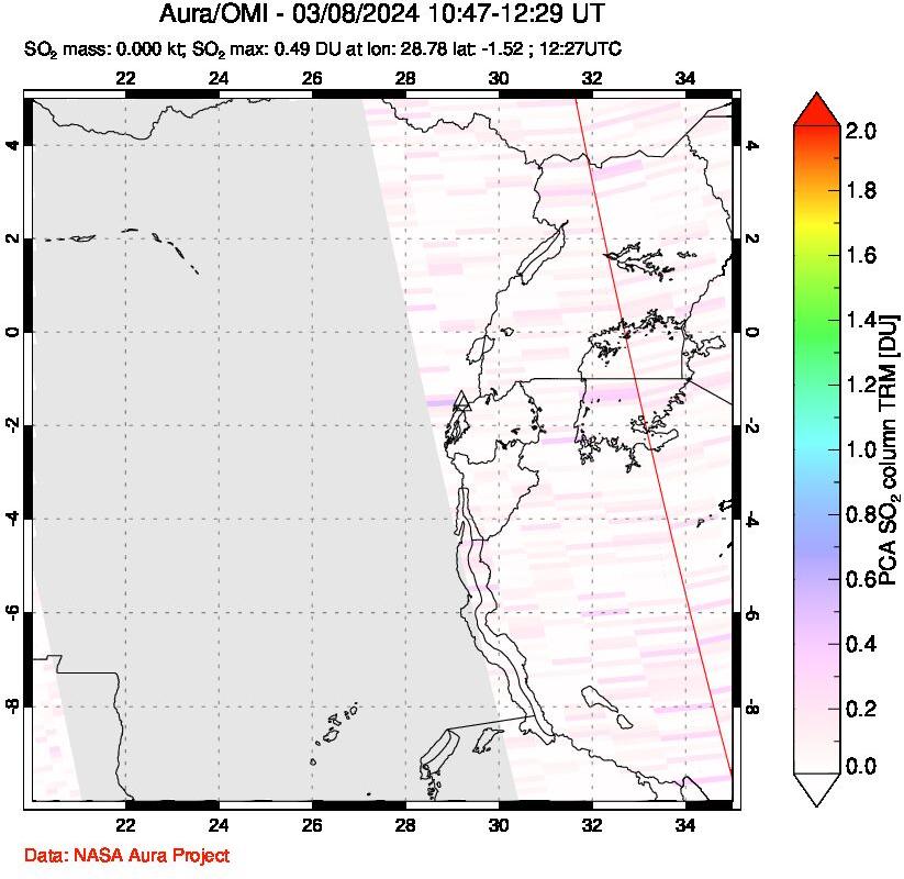 A sulfur dioxide image over Nyiragongo, DR Congo on Mar 08, 2024.