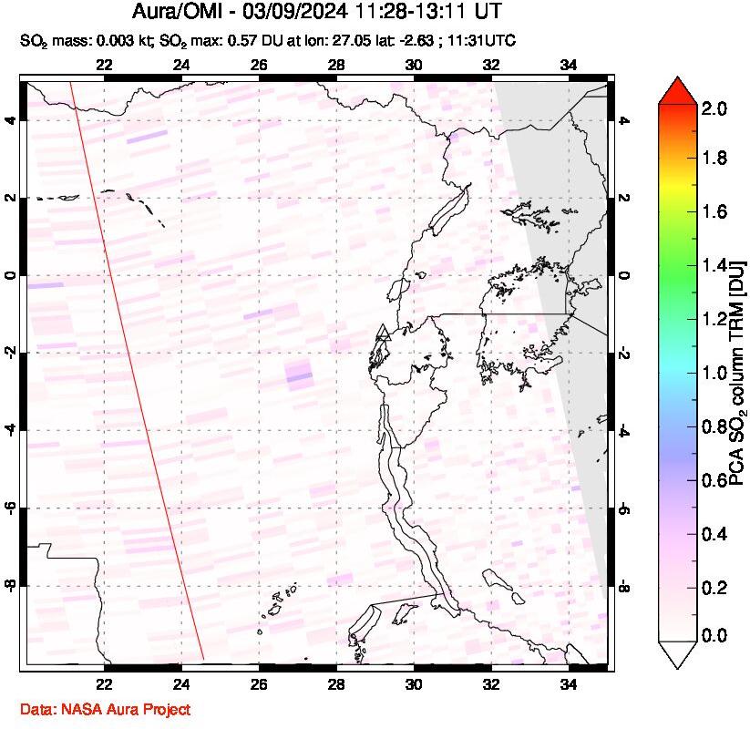 A sulfur dioxide image over Nyiragongo, DR Congo on Mar 09, 2024.