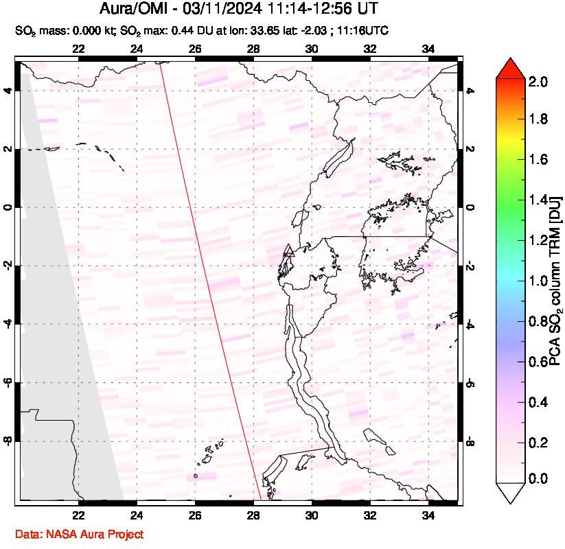 A sulfur dioxide image over Nyiragongo, DR Congo on Mar 11, 2024.